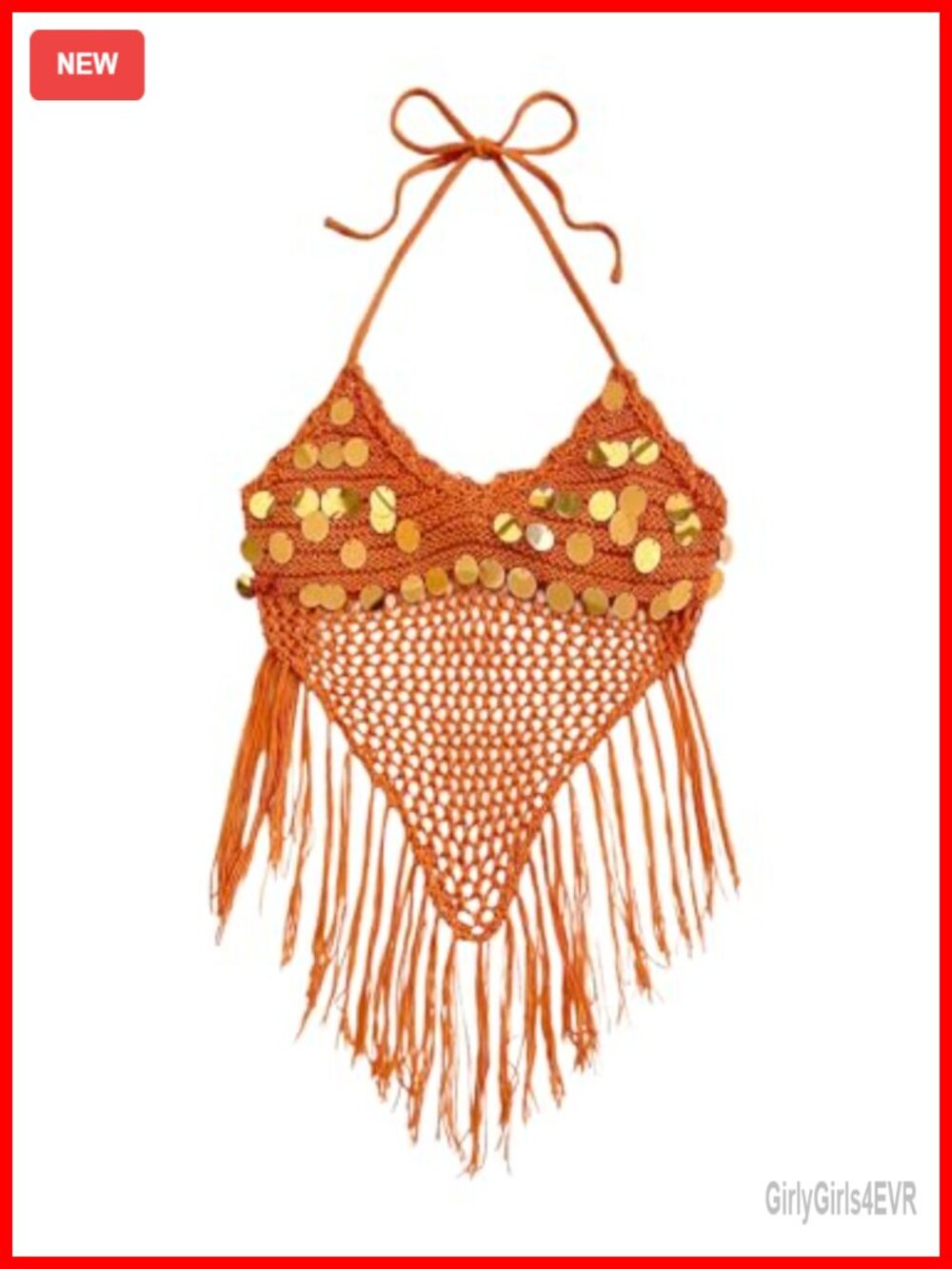 Sequin Crochet Halter Fringe Hem Sleeveless Festival Party Top